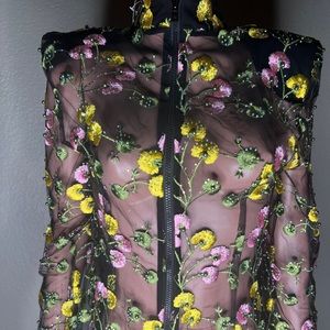 Zhivago, Embroidered flowers , Black Mesh, Zip up jacket w/ shoulder pads